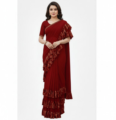 ShivMaya Solid/Plain Pre Draped Saree Silk Blend Saree(Maroon)