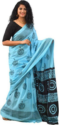 Tropwear Printed, Self Design, Digital Print, Hand Painted, Blocked Printed Ikkat Pure Cotton Saree(Blue)