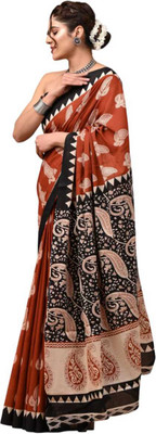 TanabanaDivine Paisley, Geometric Print, Printed Daily Wear Pure Cotton Saree(Brown)