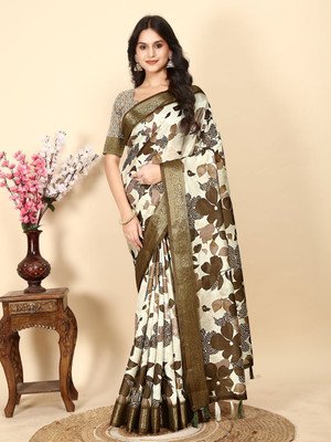 J6 Designers Floral Print Assam Silk Art Silk Saree(Beige, Dark Green)