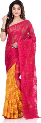 Desh Bidesh Self Design, Paisley, Woven, Temple Border Jamdani Handloom Cotton Blend, Pure Cotton Saree(Pink, Yellow)