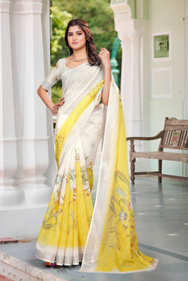 Vinayak Textile Printed Bollywood Linen Saree(Yellow)