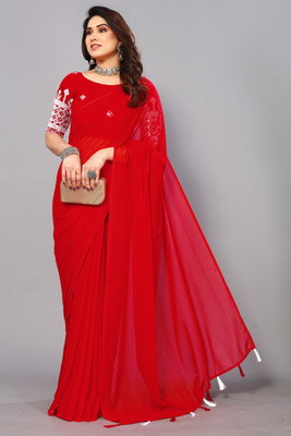 GRIFEZ Solid/Plain Bollywood Georgette Saree(Red)