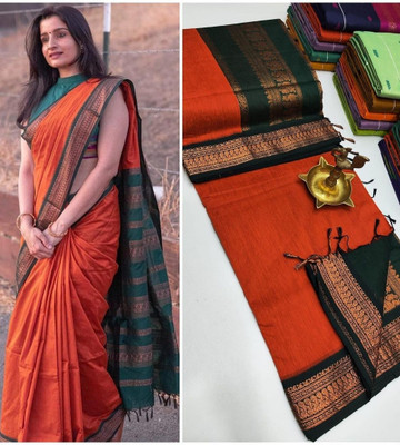 Unique Queens Temple Border Kanjivaram Cotton Silk Saree(Orange)