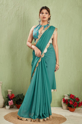 jeravi Solid/Plain, Embroidered, Temple Border Bollywood Georgette Saree(Light Blue)