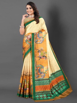 Divastri Printed Bollywood Silk Blend Saree(Cream)