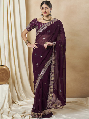 Tasrika Embellished Bollywood Silk Blend Saree(Purple)