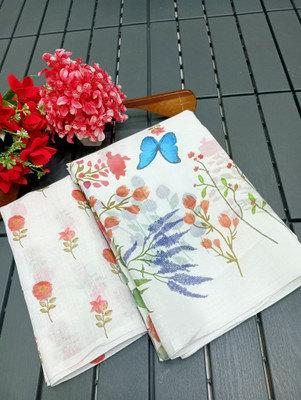 PRTRENDZ Floral Print Kanjivaram Cotton Linen, Linen Saree(White)