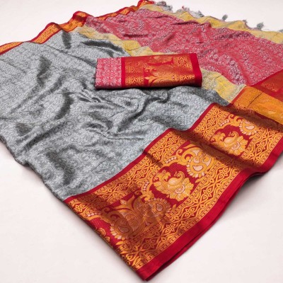 SHWENILA Printed, Temple Border, Woven Banarasi Cotton Silk Saree(Grey)