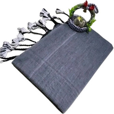 Apu handloom Solid/Plain Handloom Pure Cotton Saree(Grey)