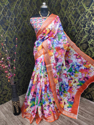 KHANUDI Floral Print Bollywood Handloom Cotton Linen Saree(Multicolor)