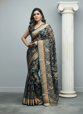 Pionex Woven, Geometric Print, Paisley Bollywood Chiffon Saree(Black)