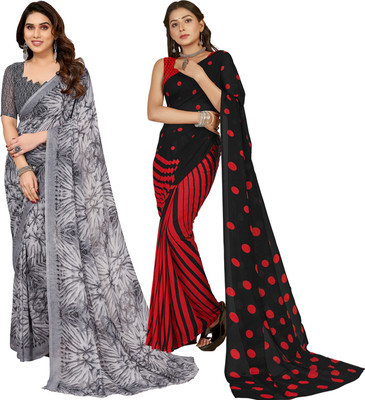 kashvi sarees Floral Print, Polka Print, Ombre, Printed Bollywood Georgette Saree(Pack of 2, Red, Yellow, Grey)