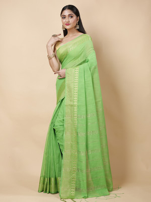SRILOK Solid/Plain Handloom Cotton Silk Saree(Light Green)