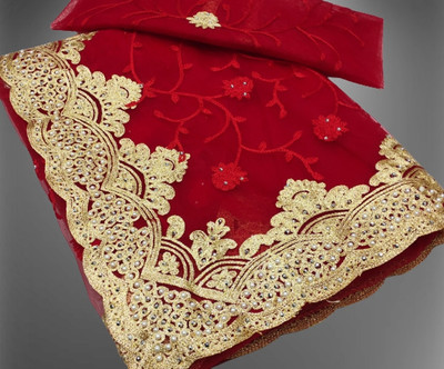 KHRITI FAB Embroidered Bollywood Net Saree(Red)