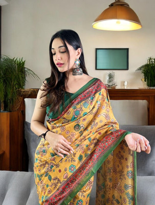 SJY Printed Assam Silk Linen Saree(Multicolor)