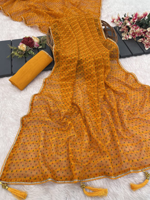 PIYA DESIGNER Polka Print Bandhani Chiffon Saree(Mustard)