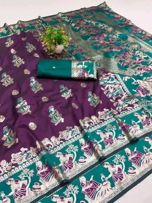 KanjiQueen Embellished Baluchari Silk Blend, Pure Silk Saree(Magenta, Light Green)