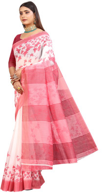 HouseOfCommon Printed Kanjivaram Pure Cotton, Chanderi Saree(White, Pink)