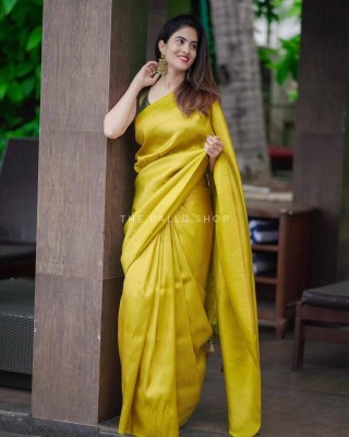 hathdora creation Woven Kanjivaram Jacquard Saree(Yellow)