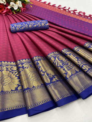KanjiQueen Woven Kanjivaram Silk Blend, Cotton Silk Saree(Magenta, Dark Blue)