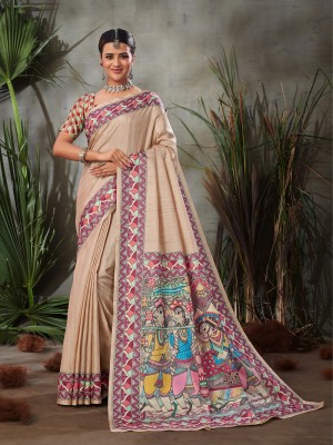 Kedar Fab Digital Print Bollywood Silk Blend Saree(Cream)