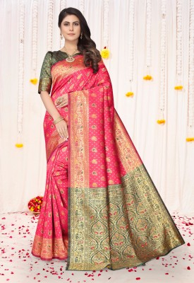 Perfect Wear Woven Patola Cotton Silk, Jacquard Saree(Green, Pink)