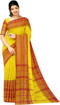 Trenddist Woven Tant Pure Cotton Saree(Yellow, Red)