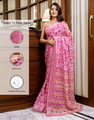Samah Floral Print, Woven, Embellished Bollywood Linen Saree(Pink)