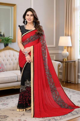 SmittenSmit Printed Daily Wear Georgette Saree(Red, Black)