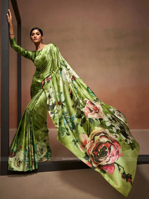AVANSHEE Digital Print, Printed, Floral Print, Paisley Bollywood Satin, Silk Blend Saree(Green)