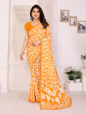 Anand Sarees Floral Print Saree with Attached Blouse Georgette, Lace Saree(Yellow)