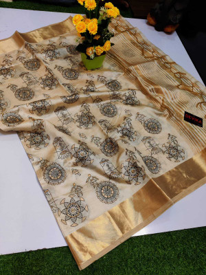 VIRDHI TEXTILE Digital Print Kalamkari Tussar Silk, Jacquard Saree(Cream)
