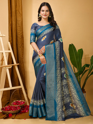 Sareemall Printed Chinnalapattu Silk Blend Saree(Grey)