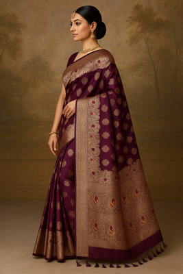 banalata fashion Printed Banarasi Satin Saree(Maroon)