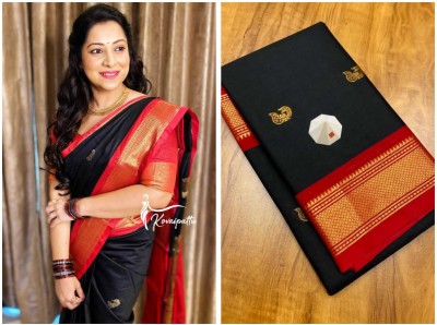 Fab Silk Woven Paithani Cotton Silk Saree(Black, Red)