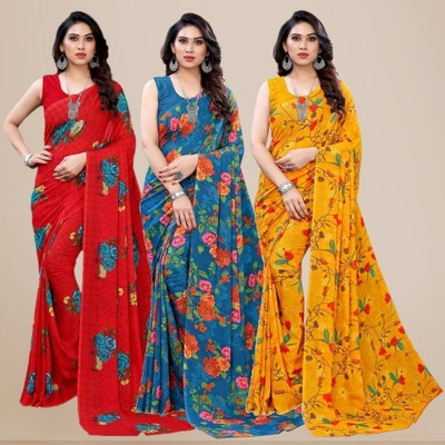 Kanooda Prints Printed Daily Wear Georgette Saree(Pack of 3, Red, Blue, Yellow)