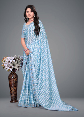 MAN PRIYA TRENDZ Printed Bollywood Georgette Saree(Light Blue)