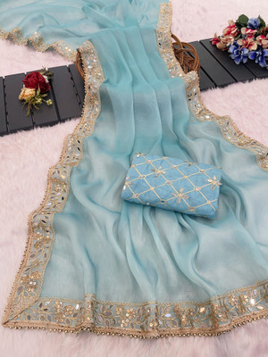 NETRA BOUTIQUE Solid/Plain, Embellished Bollywood Organza Saree(Light Blue)