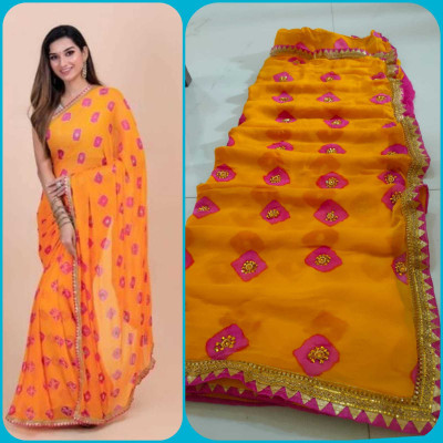 VL SAREES Hand Painted, Digital Print, Color Block, Geometric Print, Polka Print Bandhani Chiffon Saree(Yellow)