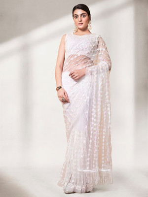 Divine Exim Embellished, Embroidered Bollywood Net Saree(White)