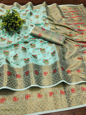 Tasrika Woven Banarasi Cotton Silk Saree(Blue)