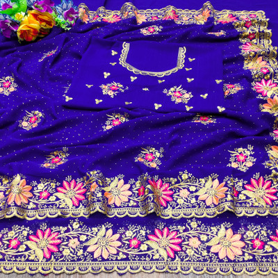 KHRITI FAB Embroidered, Floral Print Bollywood Georgette Saree(Blue)