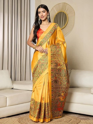 Marabout Digital Print Bollywood Cotton Linen Saree(Yellow)