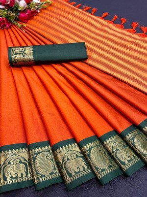 KHODALSAREEFEB Solid/Plain, Self Design Banarasi Cotton Silk Saree(Orange)
