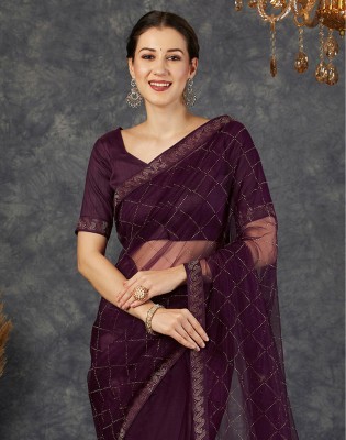 Satrani Dyed, Embellished Bollywood Net Saree(Purple, Gold)