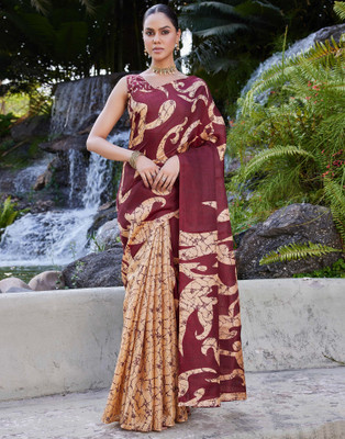 Samah Geometric Print, Printed Daily Wear Khadi Saree(Brown, Maroon)