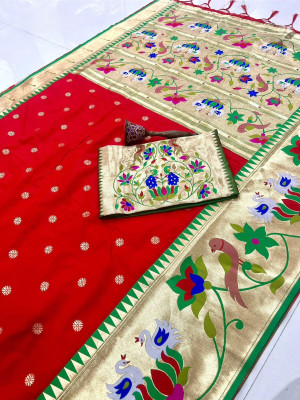 HouseOfCommon Woven Paithani Cotton Silk Saree(Red)