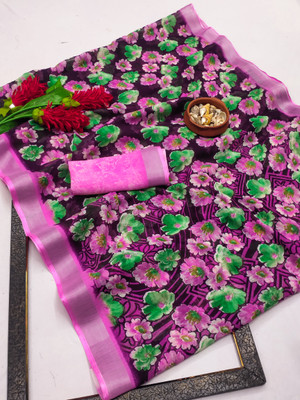 kashvi sarees Floral Print Saree with Attached Blouse Cotton Linen Saree(Maroon, Pink)