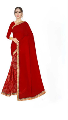 MKFASHION Solid/Plain Saree with Attached Blouse Chiffon Saree(Red)